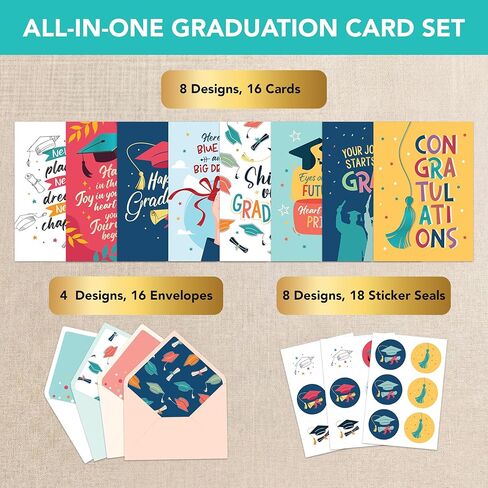 Decorably 16 Pack Foiled 5x7in Inspirational Assorted Graduation Cards with Envelopes & Stickers - 8 Festive Designs for College, Highschool, Her, Him, with Printed Message Inside - Gifting, Mailing in Kuwait