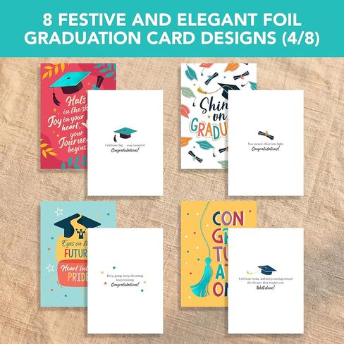 Decorably 16 Pack Foiled 5x7in Inspirational Assorted Graduation Cards with Envelopes & Stickers - 8 Festive Designs for College, Highschool, Her, Him, with Printed Message Inside - Gifting, Mailing in Kuwait