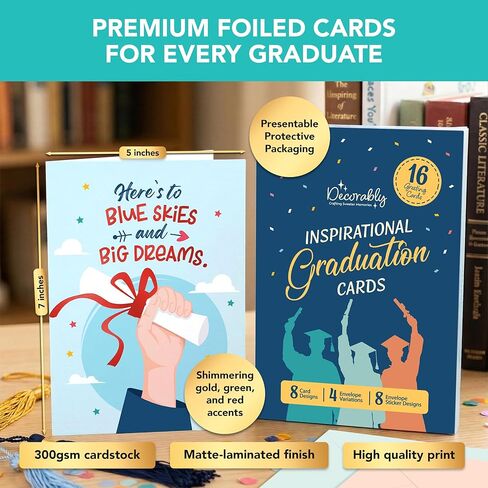 Decorably 16 Pack Foiled 5x7in Inspirational Assorted Graduation Cards with Envelopes & Stickers - 8 Festive Designs for College, Highschool, Her, Him, with Printed Message Inside - Gifting, Mailing in Kuwait
