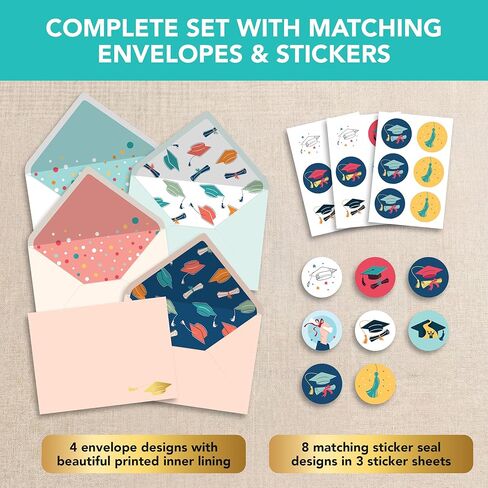 Decorably 16 Pack Foiled 5x7in Inspirational Assorted Graduation Cards with Envelopes & Stickers - 8 Festive Designs for College, Highschool, Her, Him, with Printed Message Inside - Gifting, Mailing in Kuwait
