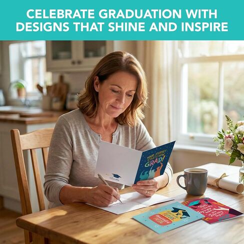 Decorably 16 Pack Foiled 5x7in Inspirational Assorted Graduation Cards with Envelopes & Stickers - 8 Festive Designs for College, Highschool, Her, Him, with Printed Message Inside - Gifting, Mailing in Kuwait