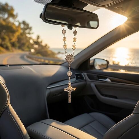 4 Pcs Rosary for Vehicle Rearview Mirror for Car, Saint Benedict Mirror Hanging, Rearview Truck Motorcycle Mirror Accessories (White) in Saudi Arabia