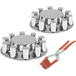 33mm Chrome ABS Flat Top Axle Cover Complete Set with Removable Hubcaps and Screw-on Plastic Lug Nut Covers for Semi Trucks (2 Front) in Saudi Arabia