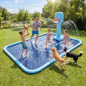 Splash Pad for Kids & Dogs, 138x118'' Large Sprinkler Pad with Basketball Hoop, Thickened Non-Slip Splash Mat, Outdoor Water Toy for Kids & Family Backyard Play in Saudi Arabia