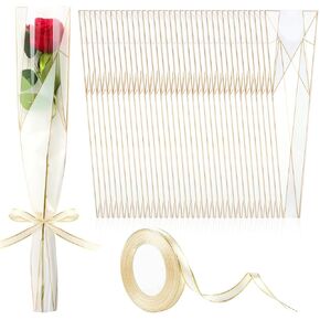 Mauproy 100 Pack Single Rose Sleeves, Plastic Flower Bags Waterproof Single Flower Packaging Bags with Ribbons for Graduation, Flower Bars, Florist Supplies (White) in Saudi Arabia