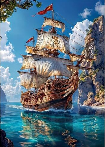 MOMDEDP 5D Diamond Painting Art Kit for Adults, Sailing Ship at Sea, Fantastic Landscapes DIY Full Drill Dots Gem Art Paint for Home Wall Decor 12 x 16 Inch in Kuwait