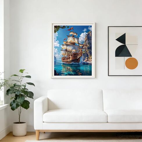 MOMDEDP 5D Diamond Painting Art Kit for Adults, Sailing Ship at Sea, Fantastic Landscapes DIY Full Drill Dots Gem Art Paint for Home Wall Decor 12 x 16 Inch in Kuwait