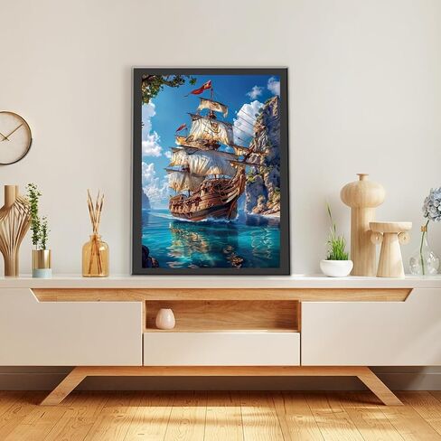 MOMDEDP 5D Diamond Painting Art Kit for Adults, Sailing Ship at Sea, Fantastic Landscapes DIY Full Drill Dots Gem Art Paint for Home Wall Decor 12 x 16 Inch in Kuwait