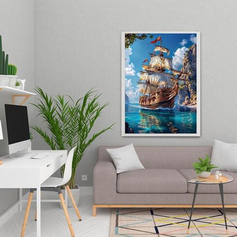 MOMDEDP 5D Diamond Painting Art Kit for Adults, Sailing Ship at Sea, Fantastic Landscapes DIY Full Drill Dots Gem Art Paint for Home Wall Decor 12 x 16 Inch in Kuwait