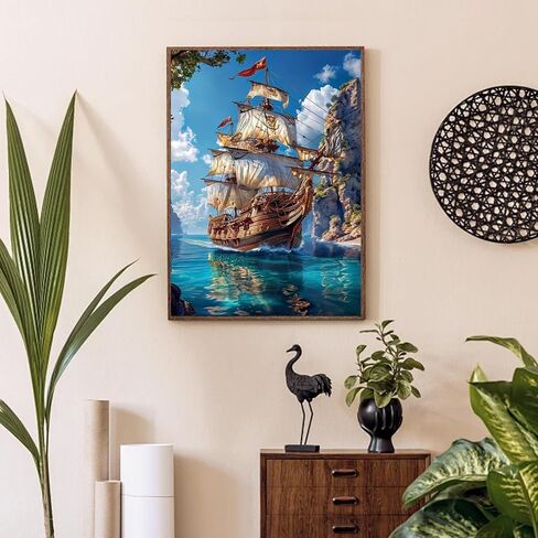 MOMDEDP 5D Diamond Painting Art Kit for Adults, Sailing Ship at Sea, Fantastic Landscapes DIY Full Drill Dots Gem Art Paint for Home Wall Decor 12 x 16 Inch in Kuwait