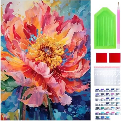 5D Diamond Art Painting, DIY Flower Round Diamond Painting Kits for Adults Beginners, Crystal Rhinestones for Home Wall Decoration Gift,30x40cm/11.8×15.7in in Kuwait