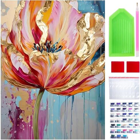 5D Diamond Art Painting, DIY Flower Round Diamond Painting Kits for Adults Beginners, Crystal Rhinestones for Home Wall Decoration Gift,30x40cm/11.8×15.7in in Kuwait