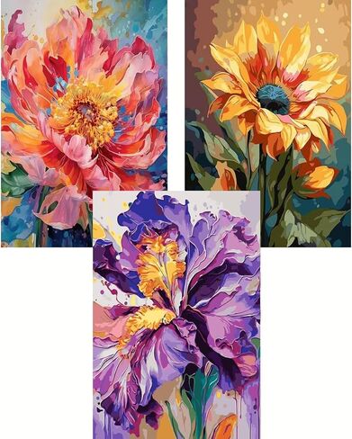 GEMFAMILY 3 Pack Paint by Numbers Kit for Adults Beginner, Flower Paint by Numbers Kit for Adults, DIY Easy Acrylic Painting by Numbers Kits with for Home Wall Art Decor 12 x 16 inch in Kuwait
