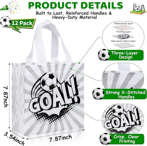 12 Pack Soccer Goodie Bags with Handles - Reusable Non-Woven Soccer Snack Bags for Team, Football Gift Bag for Sports Birthday Party, Soccers Treat Bag & Party Favors - 4 Unique Designs in Saudi Arabia