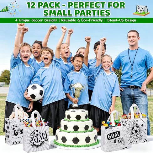 12 Pack Soccer Goodie Bags with Handles - Reusable Non-Woven Soccer Snack Bags for Team, Football Gift Bag for Sports Birthday Party, Soccers Treat Bag & Party Favors - 4 Unique Designs in Saudi Arabia