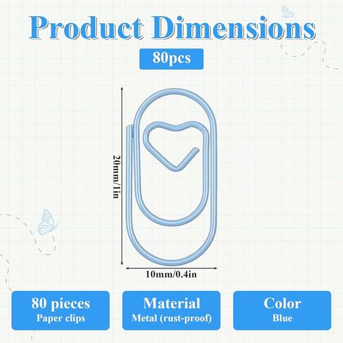 80 Pcs Blue Paper Clips Metal Heart Paper Clips Colorful Decorative Love Heart-Shaped Cute Binder Clip for Women, Document Note Sorting & Organizing Office Supplies Blue in Saudi Arabia