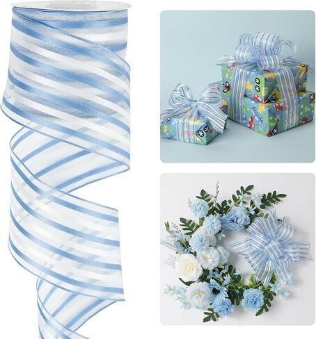 HUIHUANG Red White Blue Striped Wired Ribbon 2.5 inch Patriotic Sheer Stripes 4th of July Wreath Ribbon for Big Bows, Patriotic Decorative Independence Day 250th Anniversary Wreaths Decor-10 Yards in Kuwait
