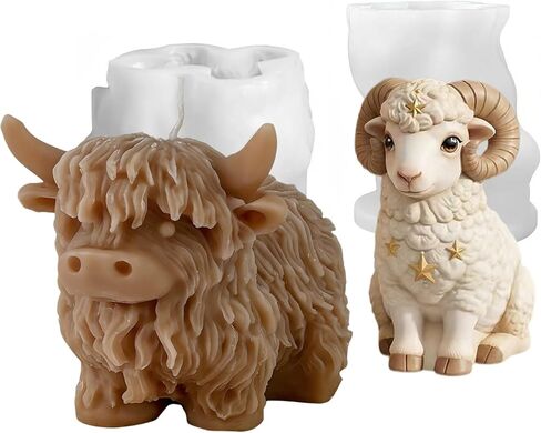 Highland Cow & Lamb Silicone Molds Set - 3D Animal Candle Molds for Resin, Soap, DIY Epoxy Casting, Clay Craft, Concrete, Car Freshies, Home Decor & Gifts in Saudi Arabia