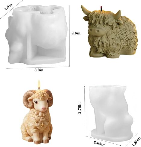 Highland Cow & Lamb Silicone Molds Set - 3D Animal Candle Molds for Resin, Soap, DIY Epoxy Casting, Clay Craft, Concrete, Car Freshies, Home Decor & Gifts in Saudi Arabia