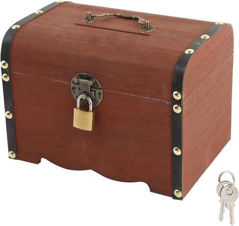 Wooden Piggy Bank, Money Saving Bank with Lock, Vintage Wood Treasure Chest, Rustic Small Wooden Box Decorative Money Saver Coin Collection Storage Box for Wedding Home Decor in Kuwait