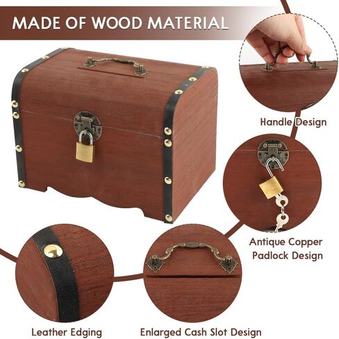 Wooden Piggy Bank, Money Saving Bank with Lock, Vintage Wood Treasure Chest, Rustic Small Wooden Box Decorative Money Saver Coin Collection Storage Box for Wedding Home Decor in Kuwait