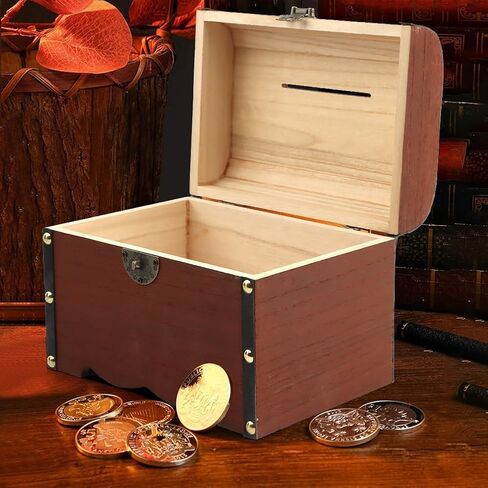 Wooden Piggy Bank, Money Saving Bank with Lock, Vintage Wood Treasure Chest, Rustic Small Wooden Box Decorative Money Saver Coin Collection Storage Box for Wedding Home Decor in Kuwait