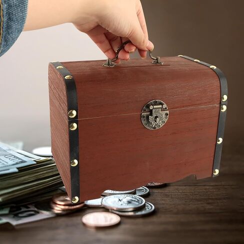 Wooden Piggy Bank, Money Saving Bank with Lock, Vintage Wood Treasure Chest, Rustic Small Wooden Box Decorative Money Saver Coin Collection Storage Box for Wedding Home Decor in Kuwait