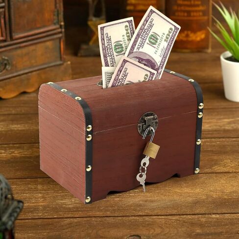 Wooden Piggy Bank, Money Saving Bank with Lock, Vintage Wood Treasure Chest, Rustic Small Wooden Box Decorative Money Saver Coin Collection Storage Box for Wedding Home Decor in Kuwait