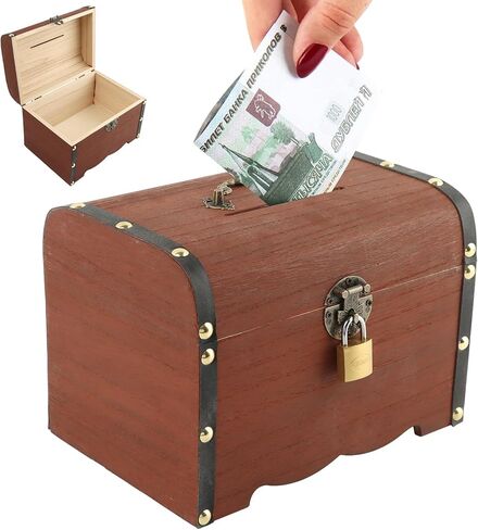 Wooden Piggy Bank, Money Saving Bank with Lock, Vintage Wood Treasure Chest, Rustic Small Wooden Box Decorative Money Saver Coin Collection Storage Box for Wedding Home Decor in Kuwait