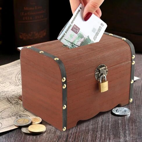 Wooden Piggy Bank, Money Saving Bank with Lock, Vintage Wood Treasure Chest, Rustic Small Wooden Box Decorative Money Saver Coin Collection Storage Box for Wedding Home Decor in Kuwait