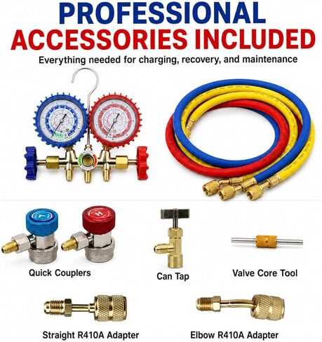HVAC Gauges 3-Way AC Manifold Gauge Set for R134A Refrigerant Recharge Kit, R12 R22 R502, with Quick Couplers, 410 Adapter, Can Tap & Valve Core Tool, AC Gauge Set for Car Auto Household AC Kit in Saudi Arabia