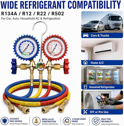 HVAC Gauges 3-Way AC Manifold Gauge Set for R134A Refrigerant Recharge Kit, R12 R22 R502, with Quick Couplers, 410 Adapter, Can Tap & Valve Core Tool, AC Gauge Set for Car Auto Household AC Kit in Saudi Arabia