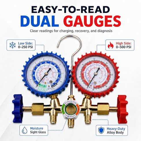HVAC Gauges 3-Way AC Manifold Gauge Set for R134A Refrigerant Recharge Kit, R12 R22 R502, with Quick Couplers, 410 Adapter, Can Tap & Valve Core Tool, AC Gauge Set for Car Auto Household AC Kit in Saudi Arabia