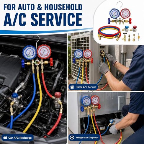 HVAC Gauges 3-Way AC Manifold Gauge Set for R134A Refrigerant Recharge Kit, R12 R22 R502, with Quick Couplers, 410 Adapter, Can Tap & Valve Core Tool, AC Gauge Set for Car Auto Household AC Kit in Saudi Arabia