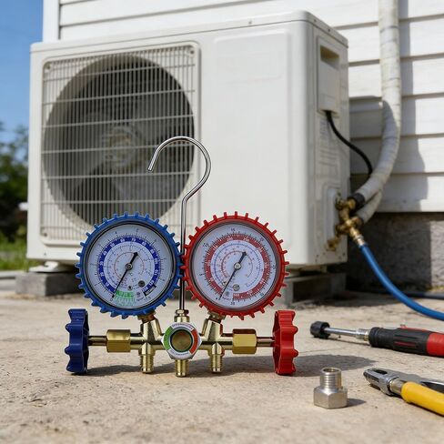 HVAC Gauges 3-Way AC Manifold Gauge Set for R134A Refrigerant Recharge Kit, R12 R22 R502, with Quick Couplers, 410 Adapter, Can Tap & Valve Core Tool, AC Gauge Set for Car Auto Household AC Kit in Saudi Arabia
