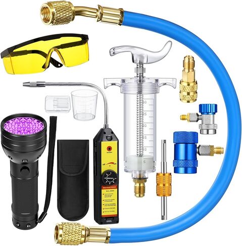 Tellegloww 8 Pcs Ac Leak Detector Kit R1234yf R134a R410a Hand Push Compressor Manual Ac Oil UV Dye Injector Refrigerant Leak Detector Tool Low Side Quick Coupler Mini Split Adapter Glasses Flashlight in Kuwait