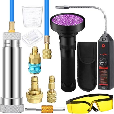 Tellegloww Ac Leak Detector Kit for R1234yf R134a R410a, Ac Oil Dye Injector Kit, Refrigerant Leak Detector Tool Set Low Side Quick Coupler Split Adapter Flashlight with Protective Glasses in Kuwait