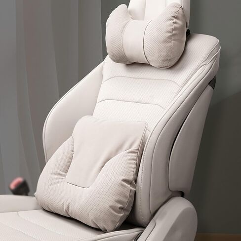 Car Neck Pillow Set for Rivian R1S 2022 2023 2024 2025, Leather Car Headrest Lumbar Support Waist Backrest Head Support Cushion,BeigeWhite in Kuwait