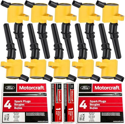 مجموعة MAS مكونة من 10 ملفات إشعال باللون الأصفر DG508 حذاء منحني وMotorcraft Spark Plug SP479 متوافق مع Ford F150 F250 Expedition E150 Lincoln بديل لـ FD503 DG457 C1417 in Saudi Arabia