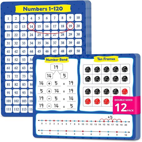 12 Pack 1-120 Number Chart, Number Bond Ten Frame & Number Line, Dry Erase Math Manipulatives Math Games for Kid Student, Addition and Subtraction Flash Cards 1st 2nd Grade Classroom Must Have in Saudi Arabia