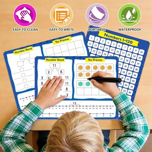 12 Pack 1-120 Number Chart, Number Bond Ten Frame & Number Line, Dry Erase Math Manipulatives Math Games for Kid Student, Addition and Subtraction Flash Cards 1st 2nd Grade Classroom Must Have in Saudi Arabia