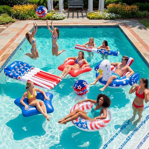 8 Pcs 4th of July USA Flag Inflatable Pool Float Set, Large Patriotic Inflatables for Adults, 45'' Eagle Ring, 74.5'' Lounge Float, Red White Blue 250th Anniversary Swimming Party Decor in Saudi Arabia