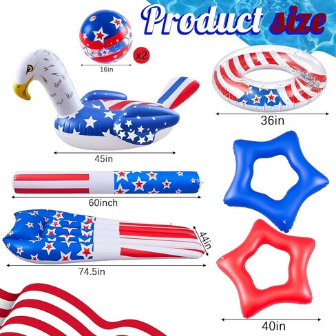 8 Pcs 4th of July USA Flag Inflatable Pool Float Set, Large Patriotic Inflatables for Adults, 45'' Eagle Ring, 74.5'' Lounge Float, Red White Blue 250th Anniversary Swimming Party Decor in Saudi Arabia