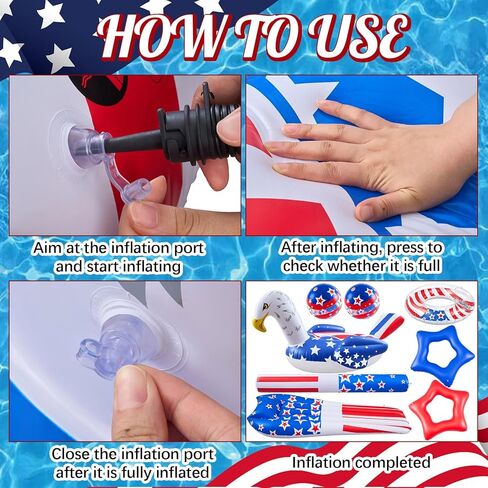 8 Pcs 4th of July USA Flag Inflatable Pool Float Set, Large Patriotic Inflatables for Adults, 45'' Eagle Ring, 74.5'' Lounge Float, Red White Blue 250th Anniversary Swimming Party Decor in Saudi Arabia