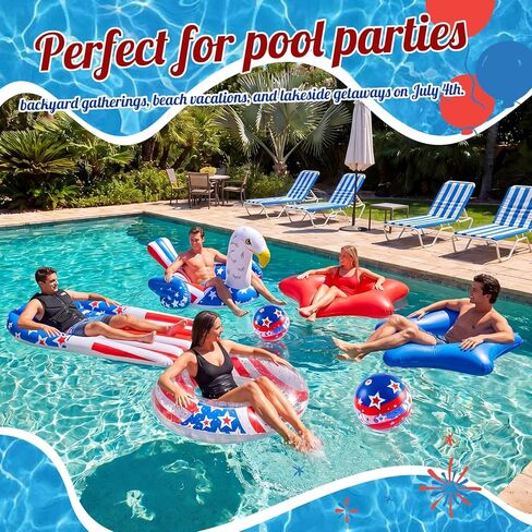 8 Pcs 4th of July USA Flag Inflatable Pool Float Set, Large Patriotic Inflatables for Adults, 45'' Eagle Ring, 74.5'' Lounge Float, Red White Blue 250th Anniversary Swimming Party Decor in Saudi Arabia