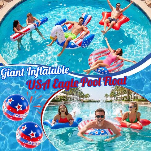 8 Pcs 4th of July USA Flag Inflatable Pool Float Set, Large Patriotic Inflatables for Adults, 45'' Eagle Ring, 74.5'' Lounge Float, Red White Blue 250th Anniversary Swimming Party Decor in Saudi Arabia