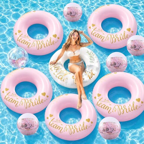 6 Pcs Bachelorette Pool Floats Set, 3 Team Bride Inflatable Heart Swim Rings 36" & 3 Beach Balls 16", Aesthetic Pink White Bachelorette Party Decorations, Bridal Shower Gifts, Photo Props in Kuwait