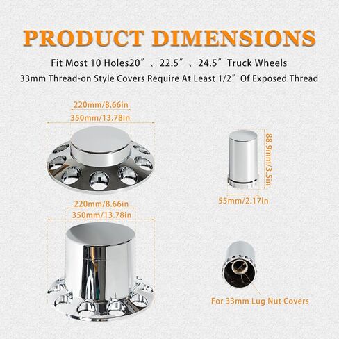 33mm Chrome ABS Flat Top Axle Cover Complete Set with Removable Hubcaps and Screw-on Plastic Lug Nut Covers for Semi Trucks (2 Front) in Saudi Arabia