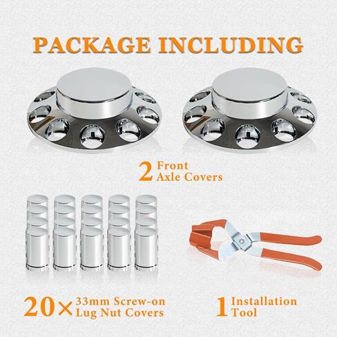33mm Chrome ABS Flat Top Axle Cover Complete Set with Removable Hubcaps and Screw-on Plastic Lug Nut Covers for Semi Trucks (2 Front) in Saudi Arabia