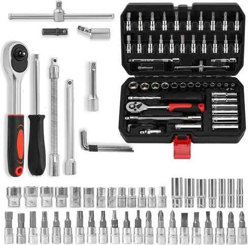 53pcs 1/4" Screw Driver Socket Ratchet Wrench Set, With Bit Socket Set Metric And Extension Bar For Auto Repairing And Household, With Orange Storage Box (Black) in Saudi Arabia